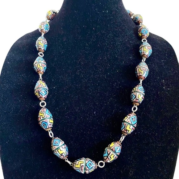 Vintage Jewelry - Vintage Hand Painted Glazed Clay Art Chunky Bead Necklace